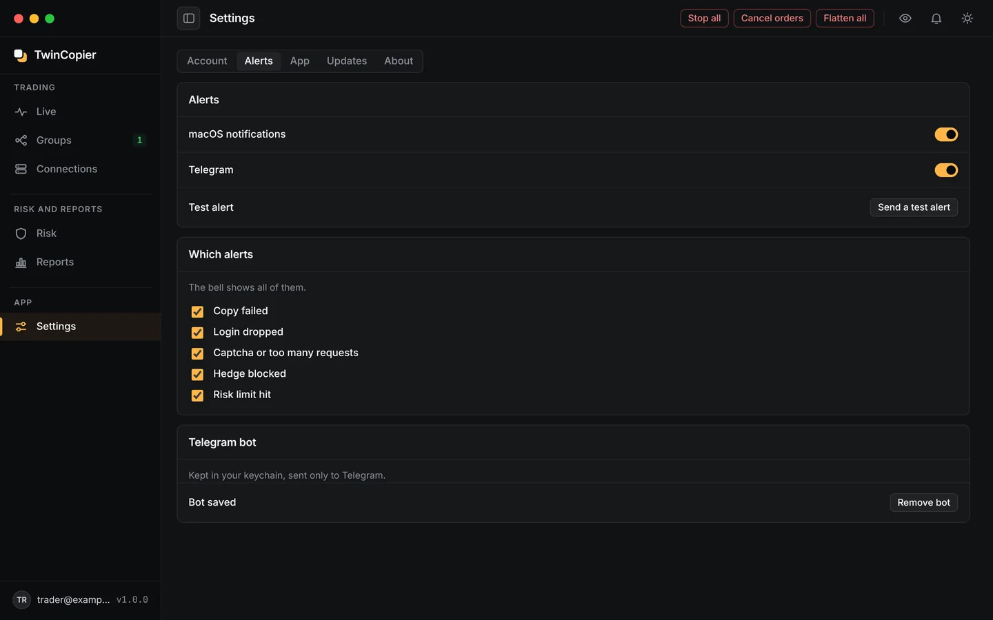 The Alerts settings: notifications and Telegram on, five alert types ticked.